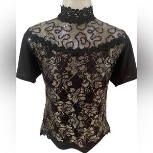 Vintage Women’s Black High Neck Sheer Short Sleeve Top W/Gold Accent SZ M